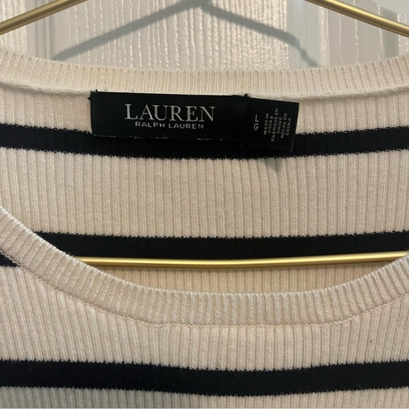 Lauren Ralph Lauren Cream Black Striped Ribbed Knit Crewneck Slim Fit L Classic - Picture 3 of 8
